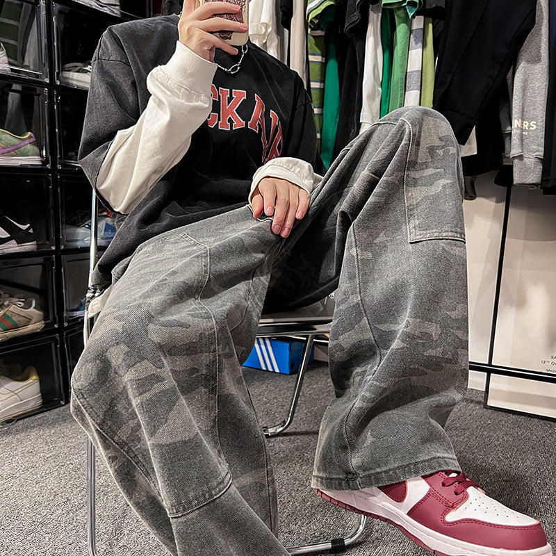 Men Jeans Retro Camouflage Pants Loose Straight Cargo Pants Washed Wide Leg Casual Trousers