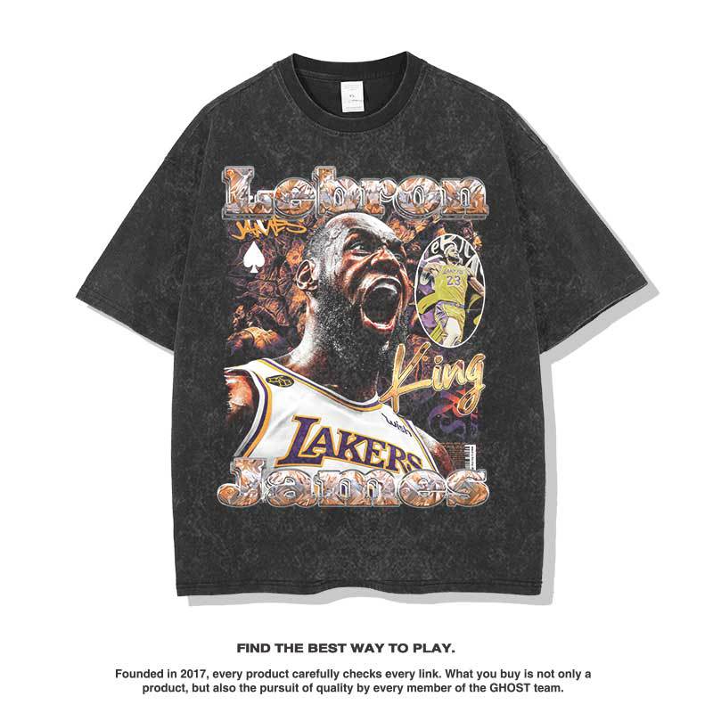 Nba T Shirt James Printed Short-Sleeved T-shirt Men's and Women's Heavy Fashion Brand round Neck Washed