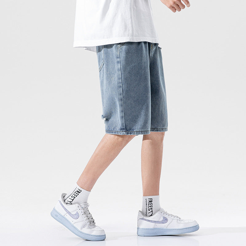 Men Jeans Shorts Straight Loose Summer Ripped Shorts