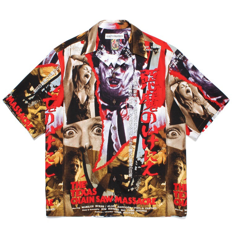 GUILTYPARTIES TIGER Shirts 23SS CHAINSAW Chainsaw Horror Hawaiian Short Sleeve Shirt Men