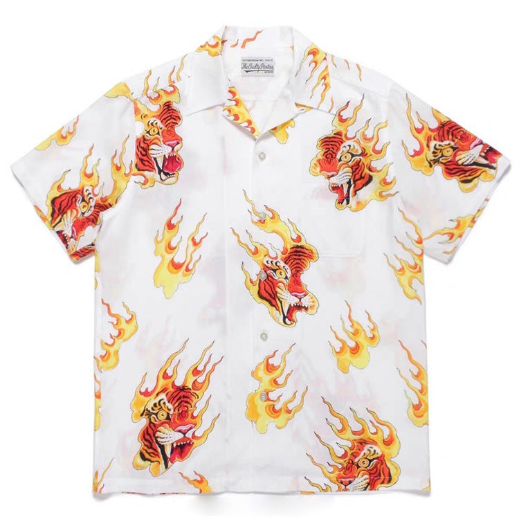 GUILTYPARTIES TIGER Shirts TIM LEHI / Flame Tiger Head Tiger Hawaiian short-sleeve shirt for men