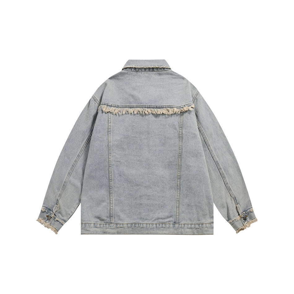 Unisex Jacket Washed Ripped Denim Jacket Loose Lapels Denim Jacket