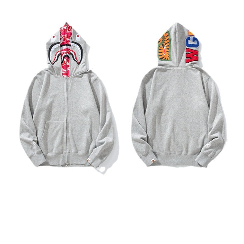 Bathing Ape Hoodie Grey Pink Double Hood Cardigan Zip Hooded Fleece Shark