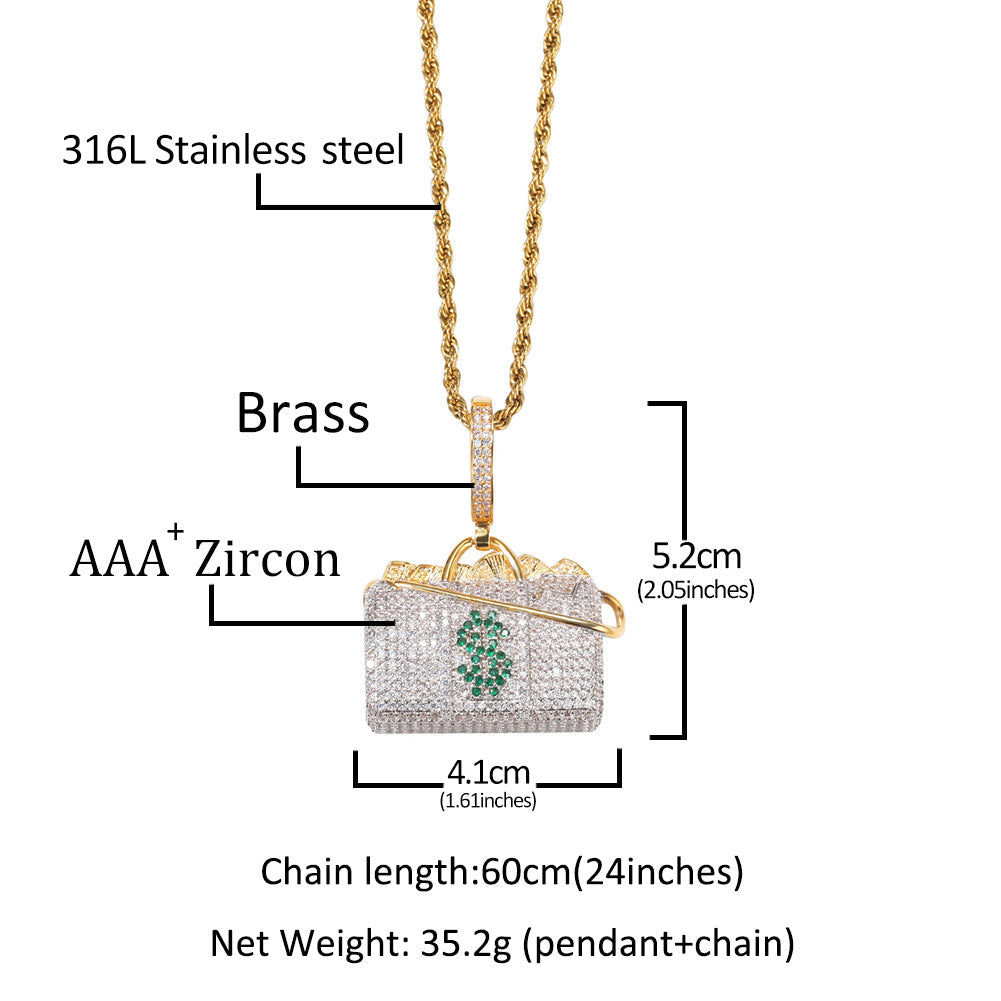 Jewelry Necklace Money Bag Pendant Street Wind Copper with Zircon Spectrum