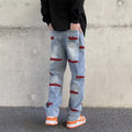 Men Jeans Embroidered Letters Straight-Leg Pants Vintage Jeans
