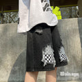 Men Jeans Ripped Checkerboard Plaid Denim Shorts