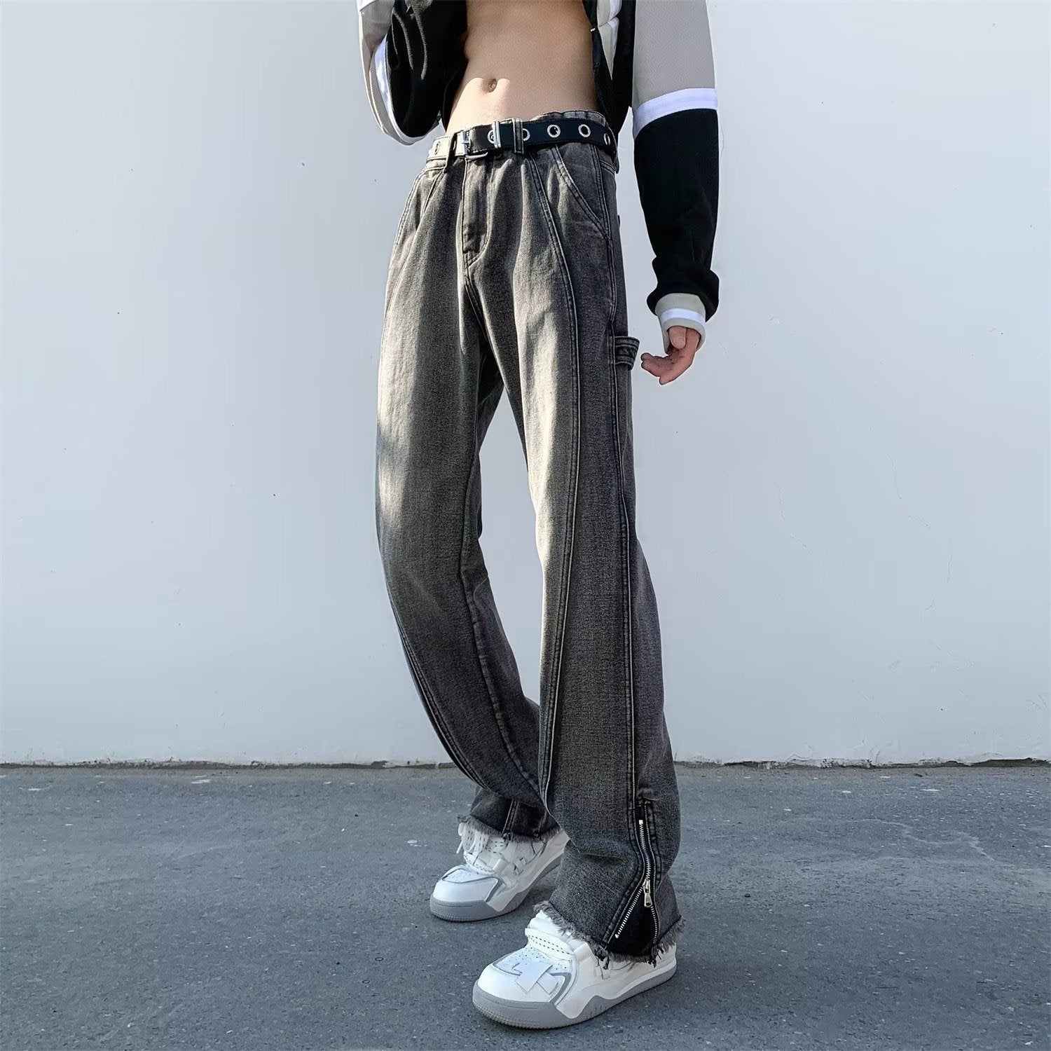 Men Jeans Oversize Zipper Jeans Summer Slim-Fit Micro Flared Pants