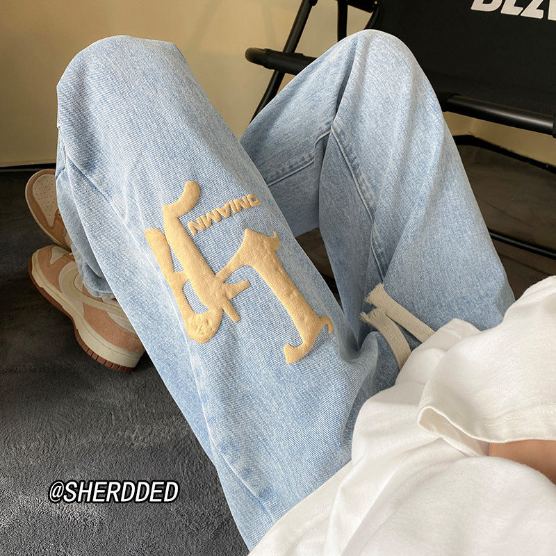 Men Jeans Fall Washable Pants Straight Loose-Fitting Wide-Leg Trousers