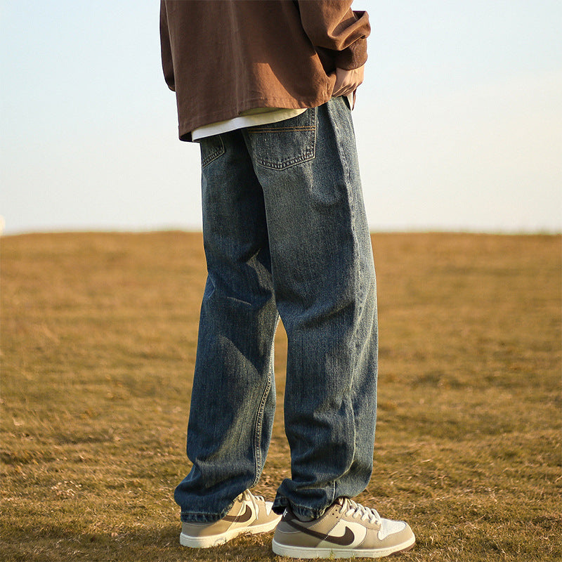 Men Jeans Retro Washed Straight Jeans Spring Loose Wide Leg Casual Pants for Boys