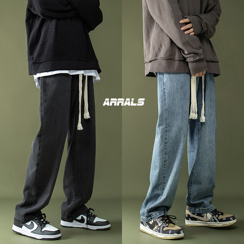 Men Jeans Spring and Autumn Straight Loose Drawstring Pants Retro Wide-Leg Pants