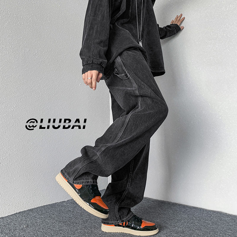 Men Jeans Vintage Hiphop Jeans Loose Straight Cargo Trousers Spring-Autumn Wide-Leg Pants