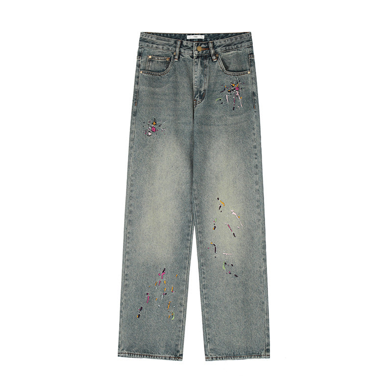 Men Jeans Embroidered Washed Loose Straight Jeans Casual Hip Hop Trousers