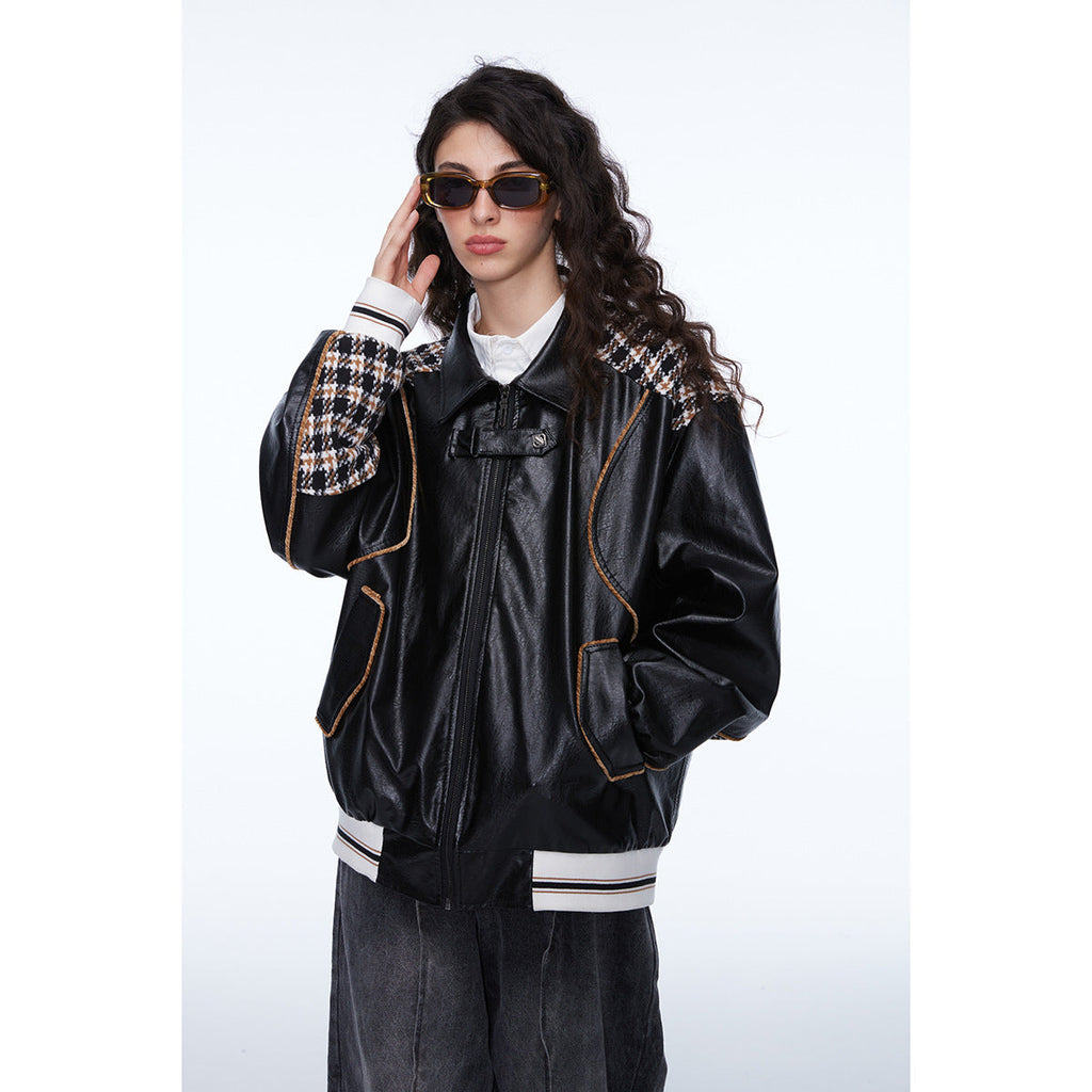 Unisex Jacket Retro Patchwork Plaid Motorcycle Jacket PU Leather Jacket