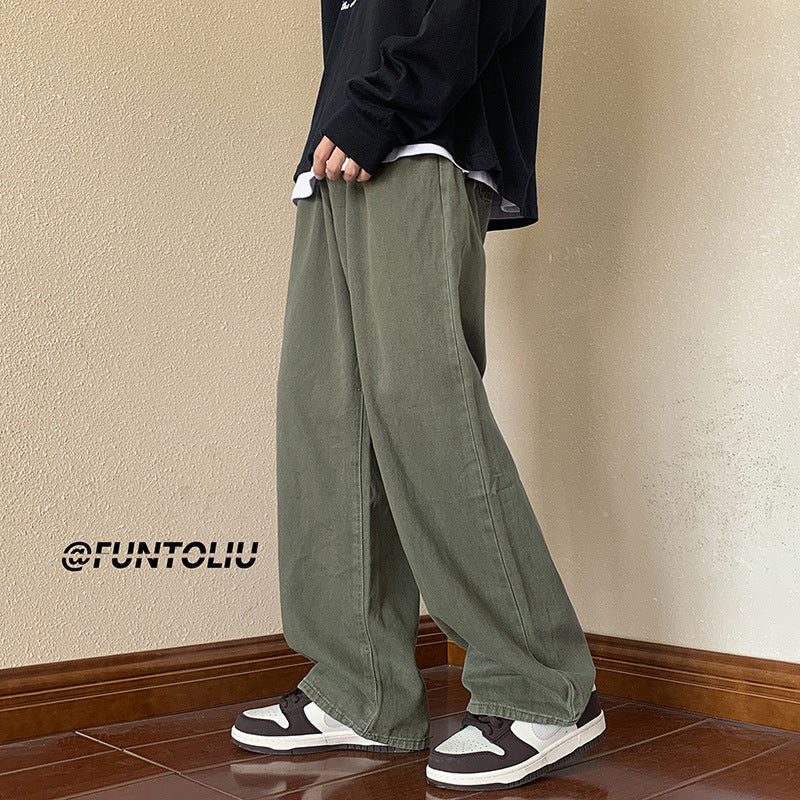 Men Jeans Green Washed Jeans Men's Autumn Width Straight-Leg Trousers