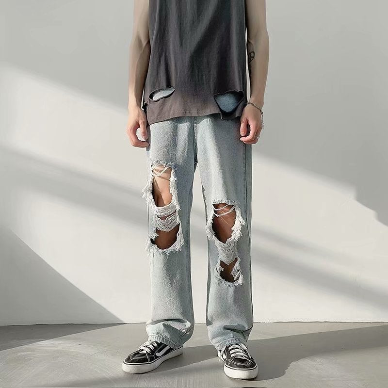 Men Jeans Ripped Jeans Men's Summer Wide-Leg Casual Pants Straight Loose Pants