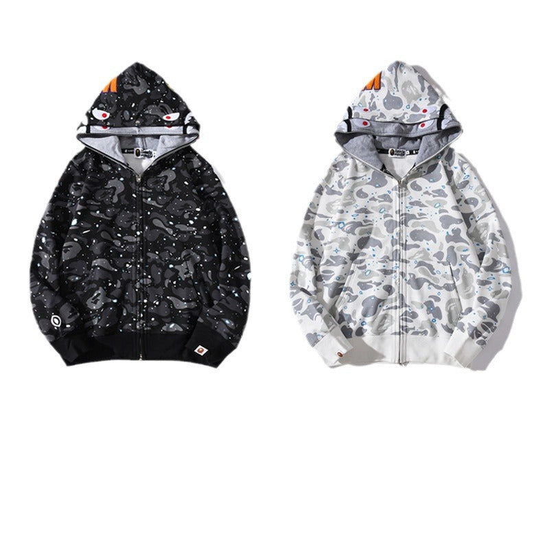Bathing Ape Hoodie Luminous Starry Sky Two-Hat Cardigan Zipper Velvet Shark