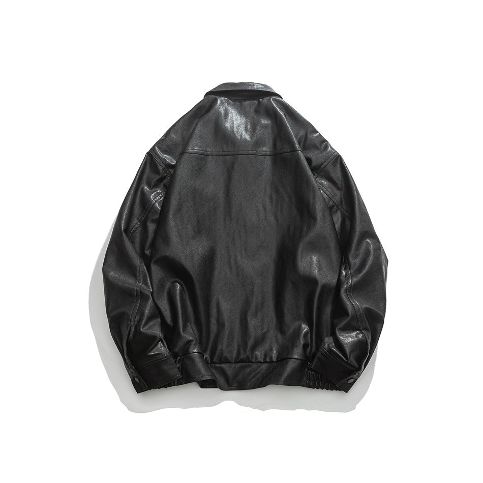 Unisex Jacket Vintage PU Leather Jacket Men's Loose Lapels Faux Leather Jacket