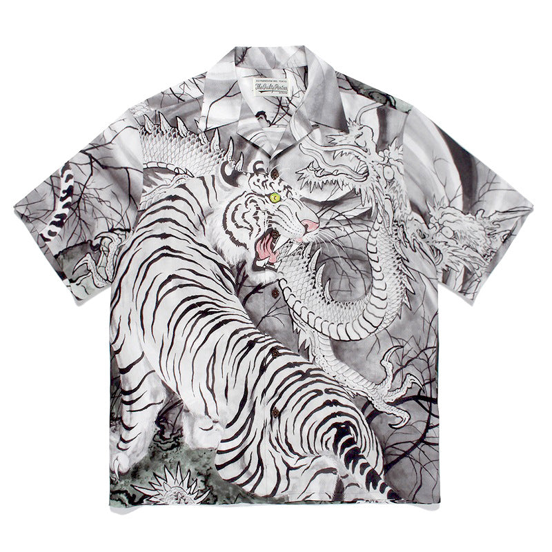 GUILTYPARTIES TIGER Shirts 22AW Dragon and Tiger Fight, Tiger Print Hawaiian Short Sleeve Shirt Men