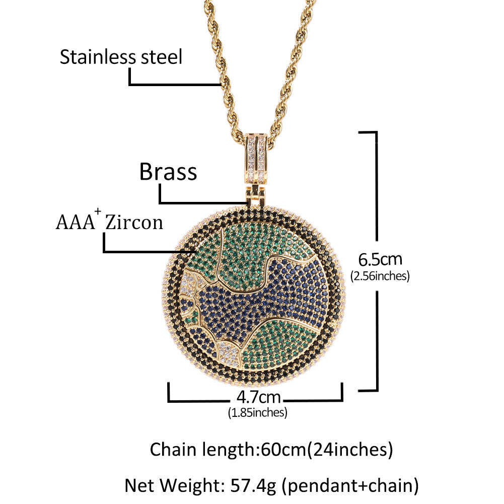Jewelry Full Diamond Rotatable Earth Pendant Copper Inlaid AAA Zircon Jesus Pieces Royalty