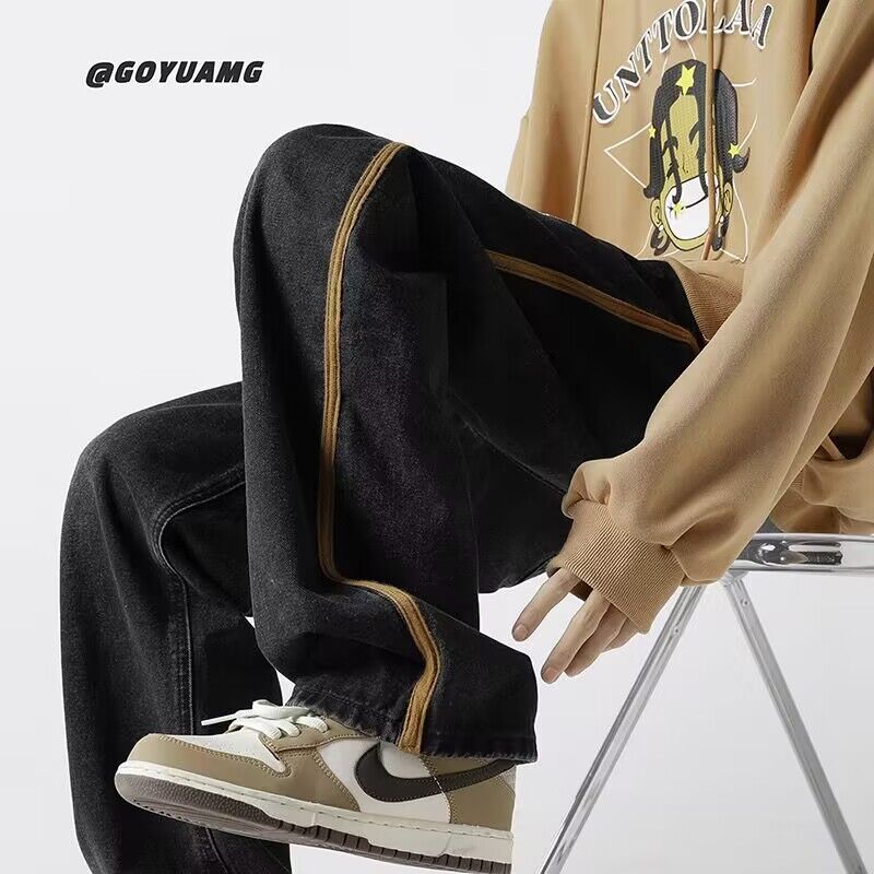 Men Jeans Wide Leg Pants Retro Washed Straight Casual Pants