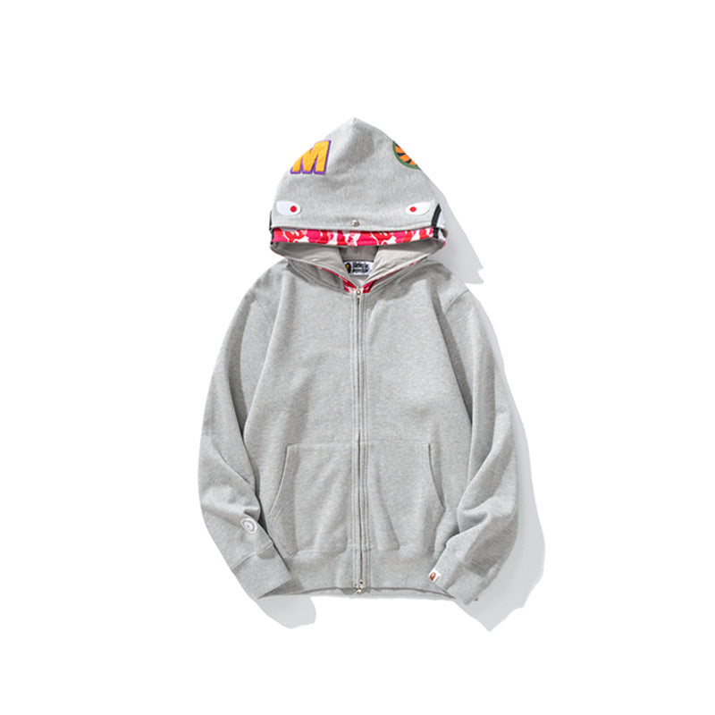 Bathing Ape Hoodie Grey Pink Double Hood Cardigan Zip Hooded Fleece Shark