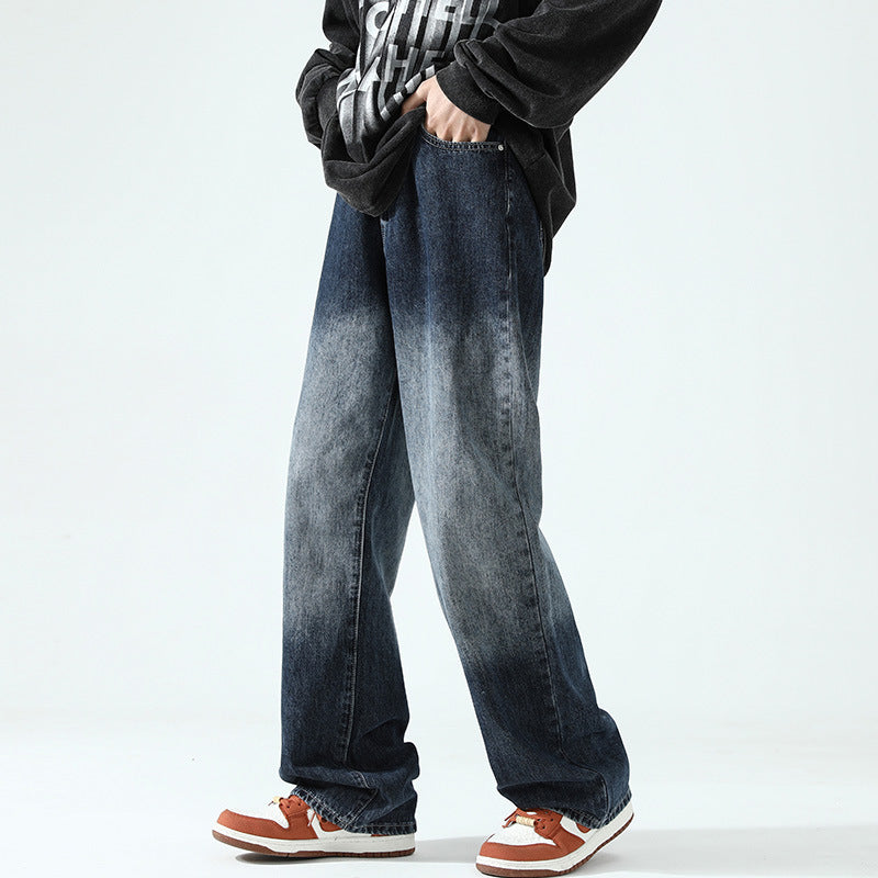 Men Jeans Loose Straight Autumn and Winter Washed Wide Leg Casual Trousers