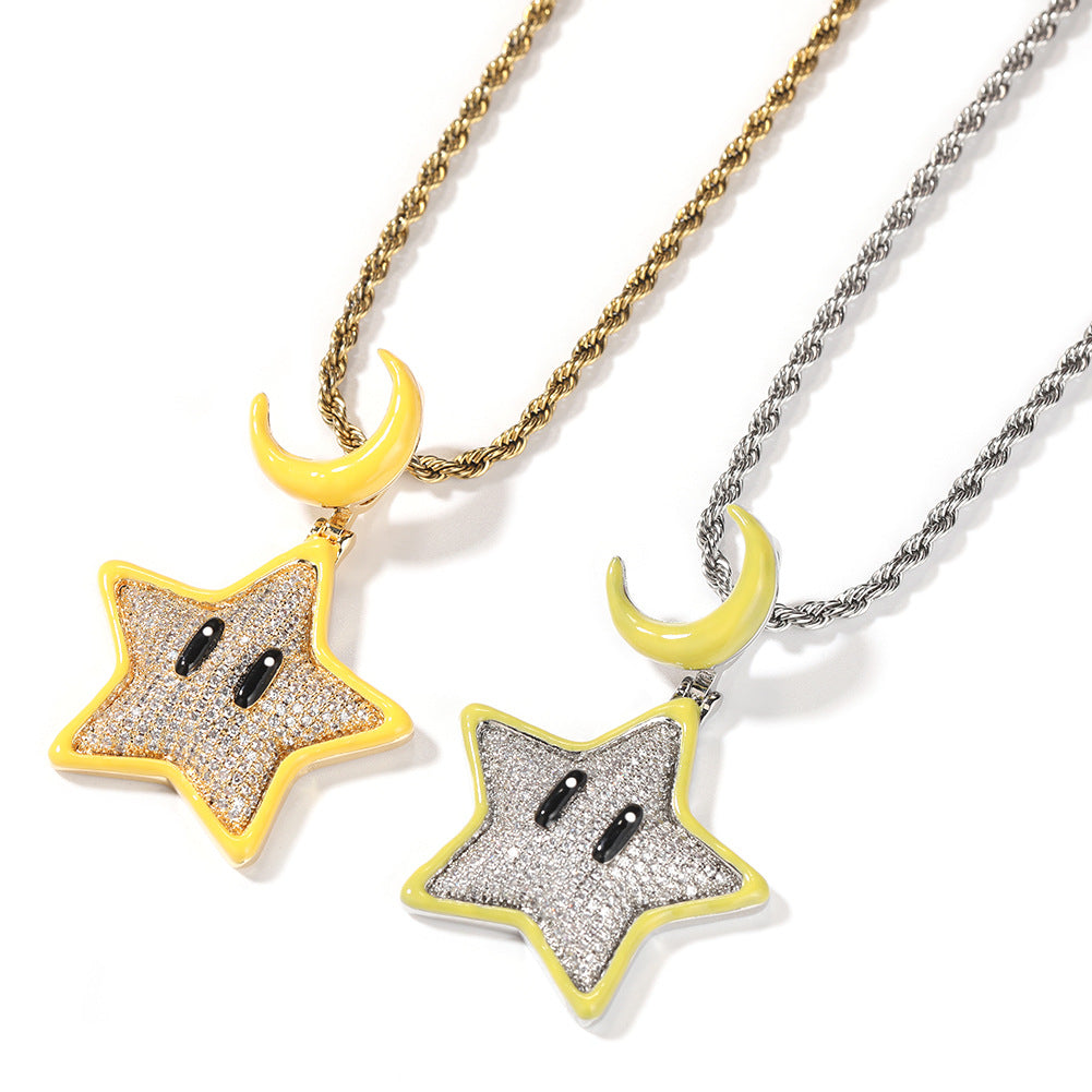 Jewelry Cartoon Luminous Star Hip Hop Necklace Men's Diamond Copper Pendant St. Valentine's Spectrum Night light Necklaces