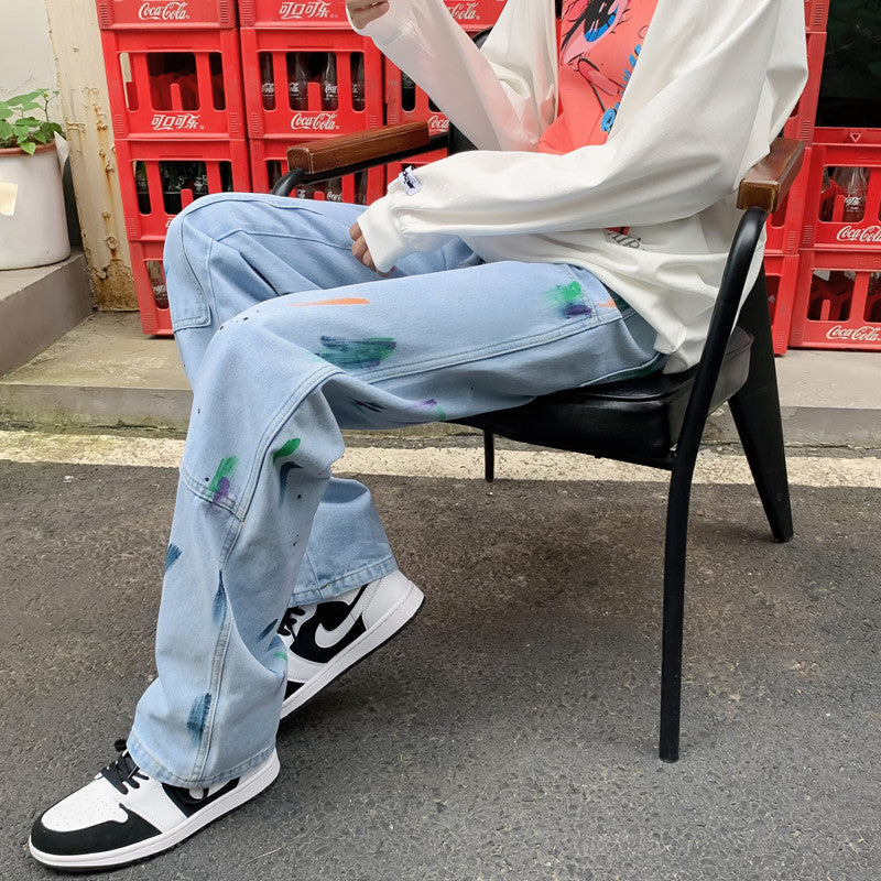 Men Jeans Splash-Ink Jeans Men's Autumn Baggy Straight Trousers Casual Trousers