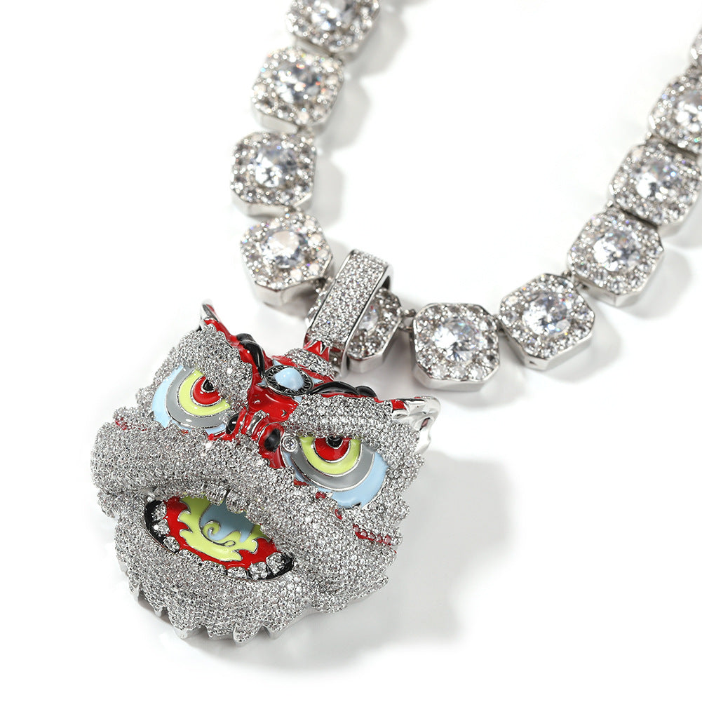 Jewelry Vintage Creative Lion Dance Hip Hop Copper Inlaid Zircon Colored Lion Head Necklace Far East Spectrum Animal St. Valentine's