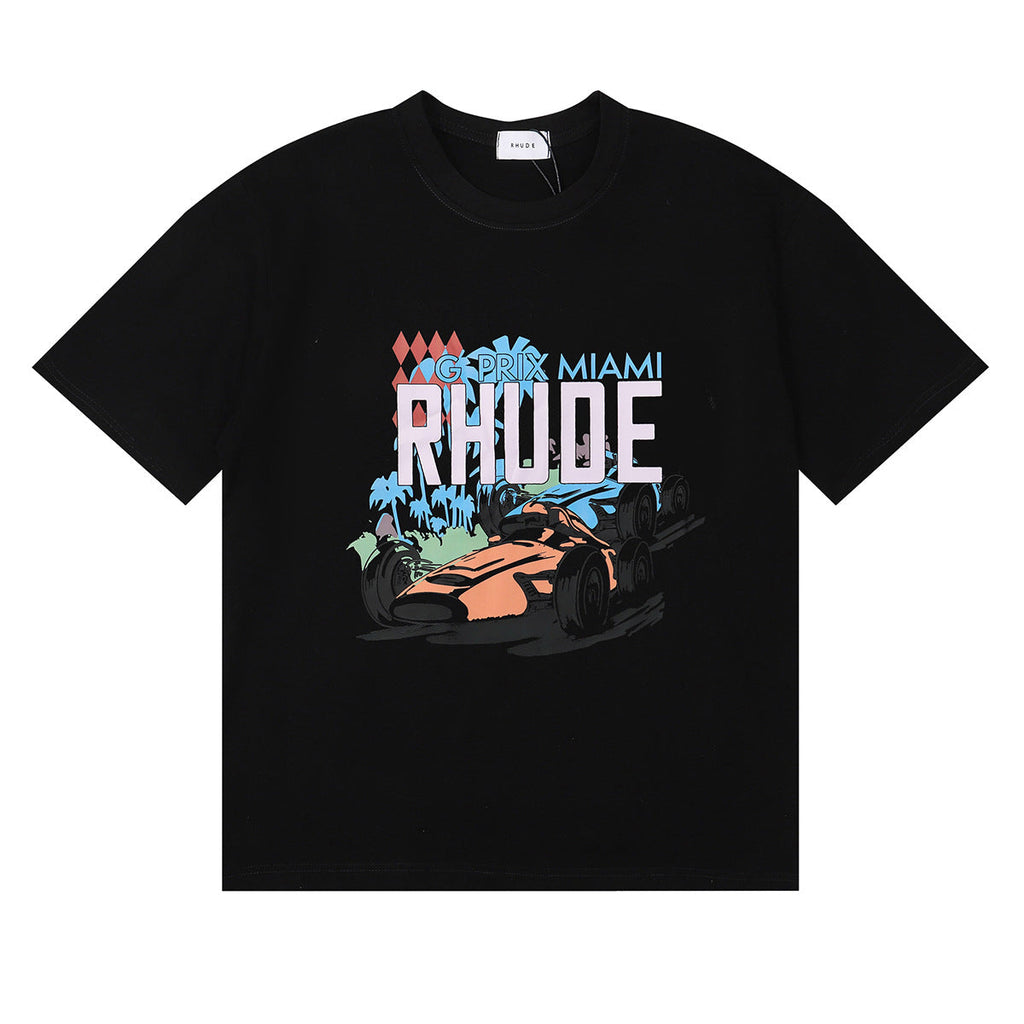 Rhude T Shirt Alphabet Coconut Racing Pattern Short Sleeve T-Shirt