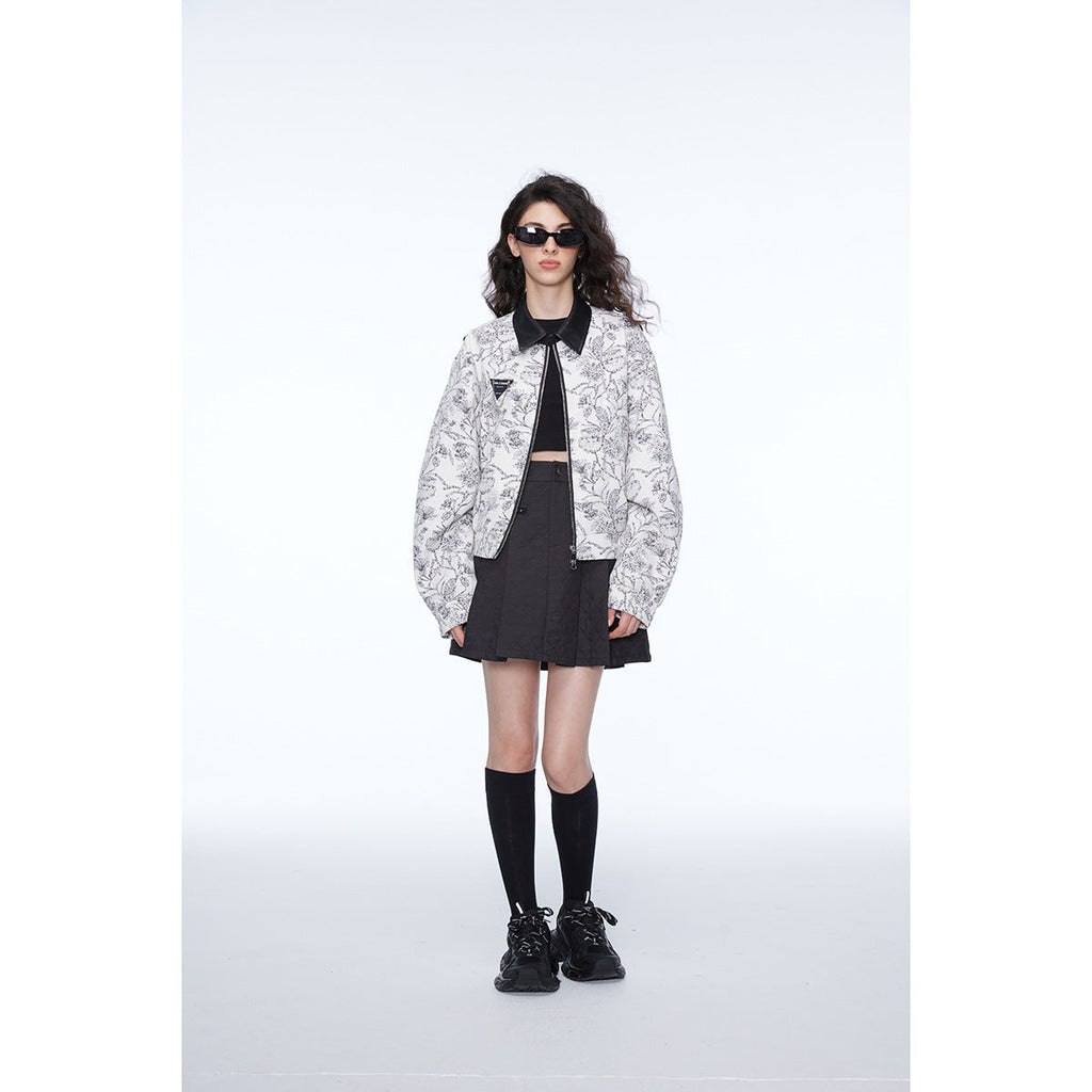 Unisex Jacket Vintage Floral Polo Collar Jacket Baggy Coat