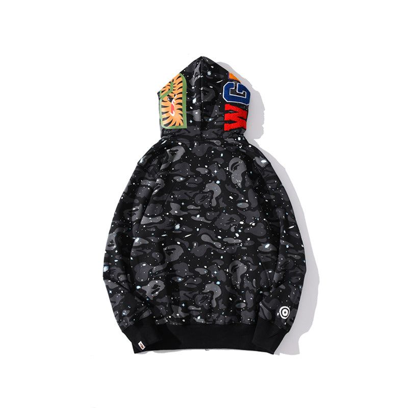 Bathing Ape Hoodie Luminous Starry Sky Two-Hat Cardigan Zipper Velvet Shark