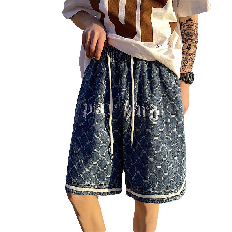 Men Jeans Denim Shorts Men's Summer Embroidered Plaid Shorts