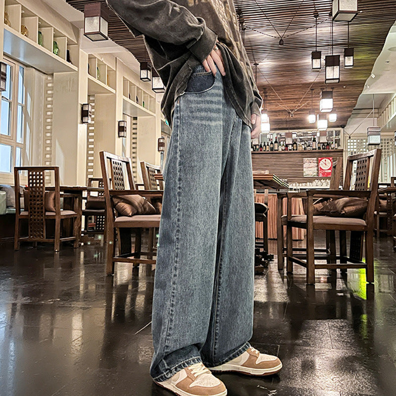 Men Jeans Fall Casual Wide-Leg Trousers Washed-out Vintage Straight-Leg Pants