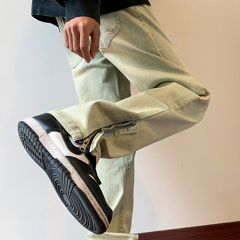 Men Jeans Zipper Dyed Jeans Men's Split Washed Straight Bootcut Trousers
