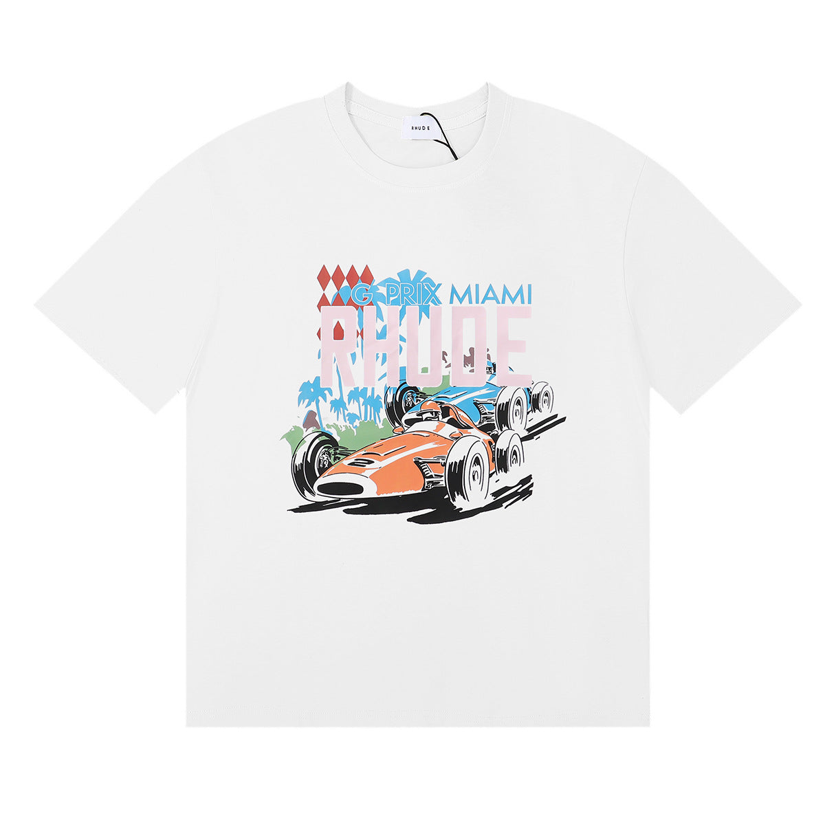 Rhude T Shirt Alphabet Coconut Racing Pattern Short Sleeve T-Shirt