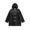 Unisex Jacket Retro Patchwork Plaid Coat Men's Horn Button Hooded Overcoat