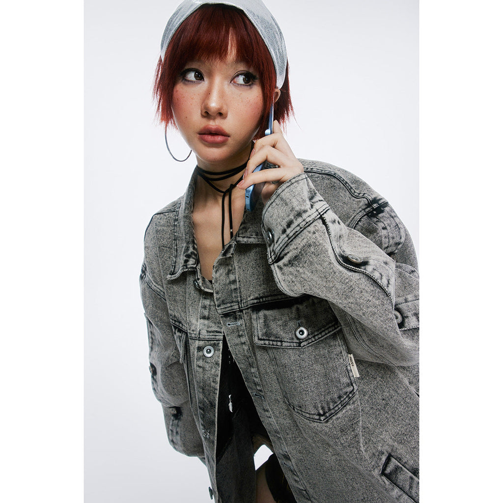 Unisex Jacket Retro Washed Denim Jacket Turn-down Collar Coat