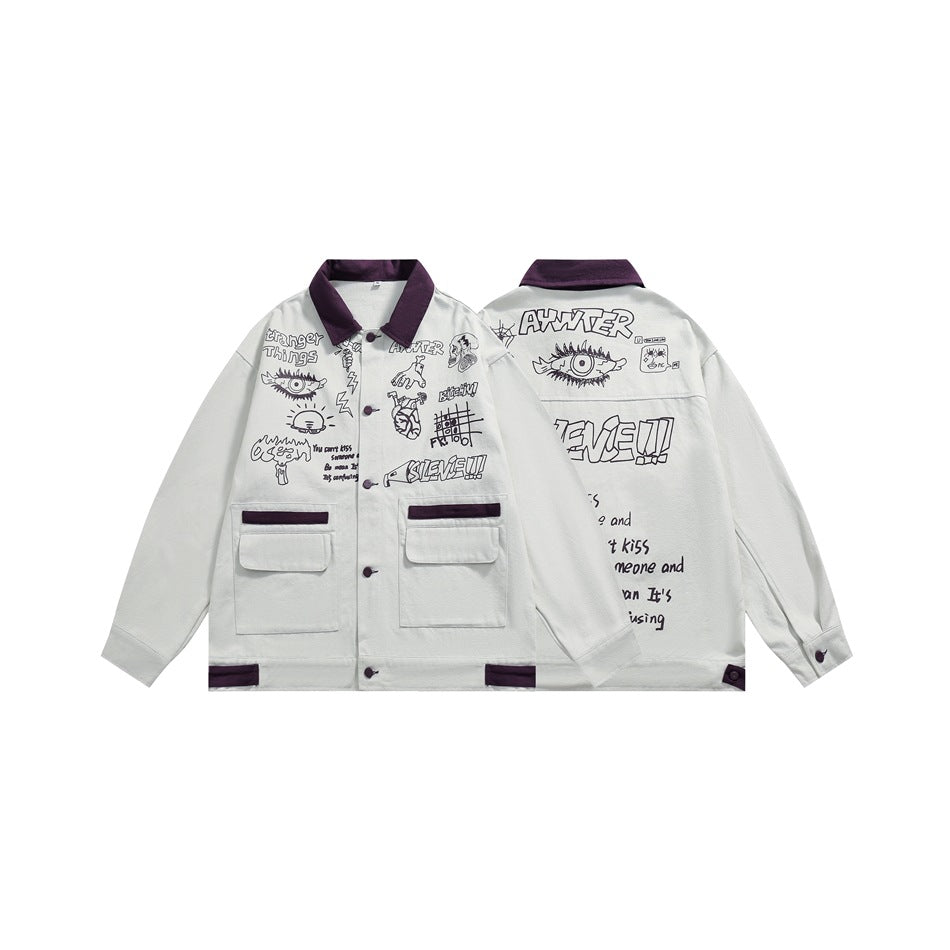 Unisex Jacket Vintage Denim Jacket Printed Loose Denim Jacket Denim Coat