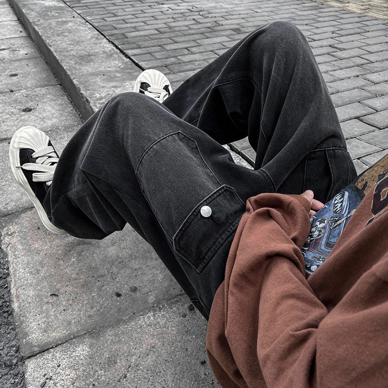 Men Jeans Cargo Jeans Men's Autumn and Winter Wide-Leg Trousers