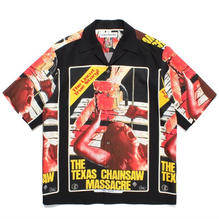 GUILTYPARTIES TIGER Shirts 23SS CHAINSAW Chainsaw Horror Hawaiian Short Sleeve Shirt Men