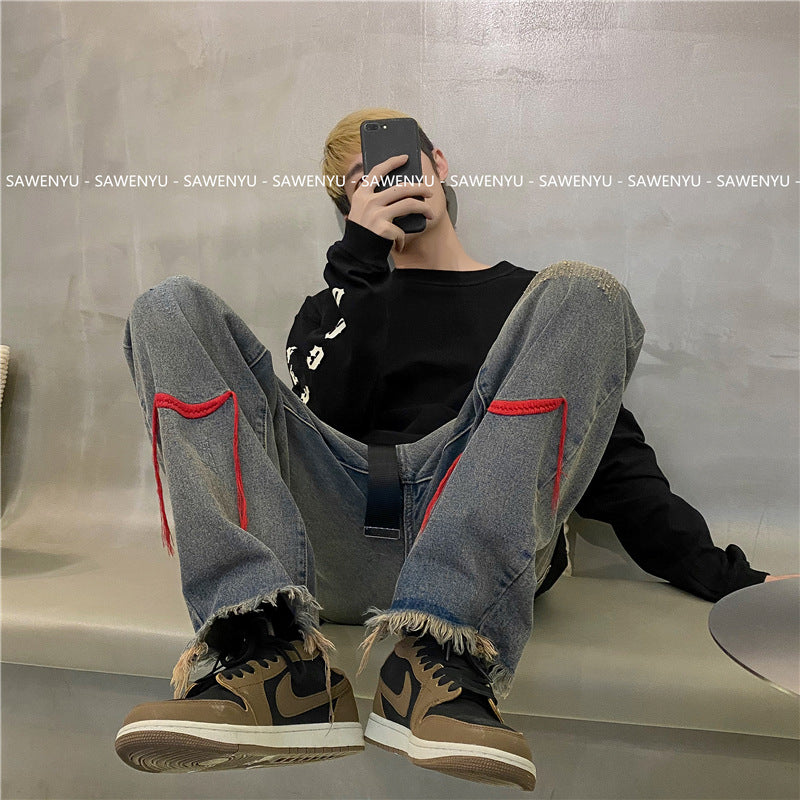 Men Jeans Fall Baggy Straight Trousers Wide Leg Pants