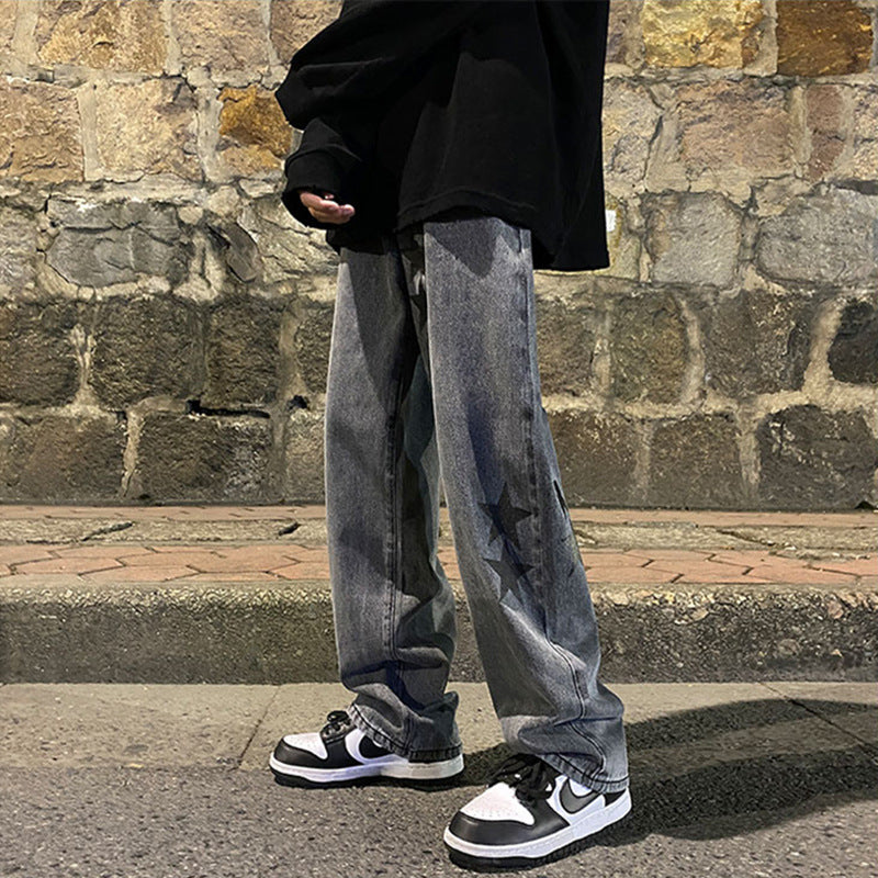 Men Jeans Five-Pointed Star Gray Jeans Men's Loose Straight Wide-Leg Pants Spring and Autumn