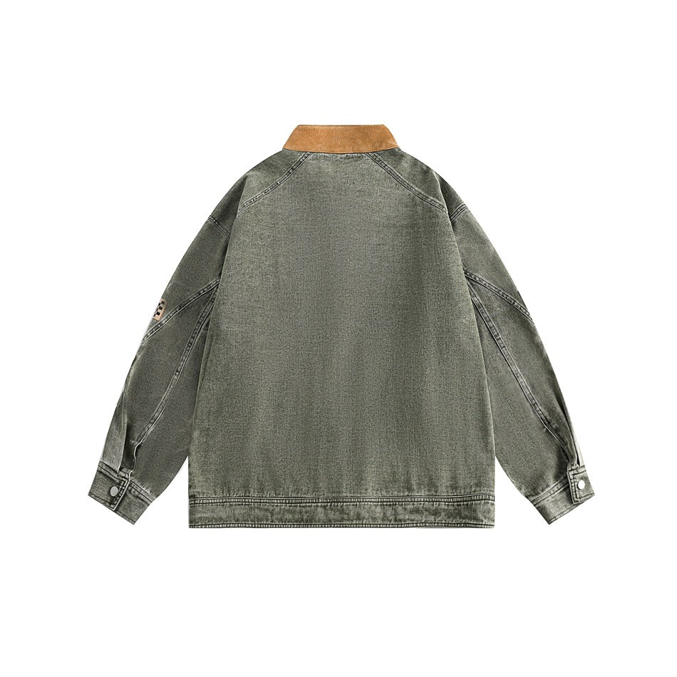 Unisex Jacket Vintage Racing Stand Collar Denim Jacket Spring and Autumn Coat Motorcycle Jacket
