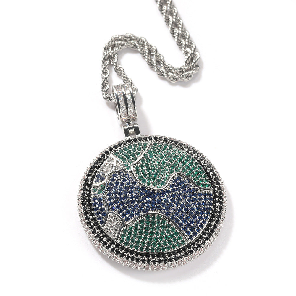 Jewelry Full Diamond Rotatable Earth Pendant Copper Inlaid AAA Zircon Jesus Pieces Royalty