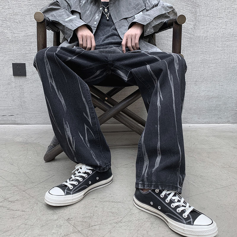 Men Jeans Tie-Dyed Jeans Men's Summer Straight Loose Hiphop Wide Leg Trousers