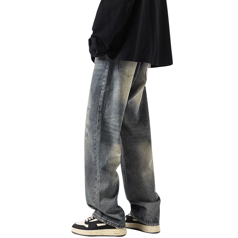 Men Jeans Straight Loose Washed-out Jeans Casual Wide Leg Pants