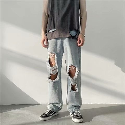 Men Jeans Ripped Jeans Men's Summer Wide-Leg Casual Pants Straight Loose Pants