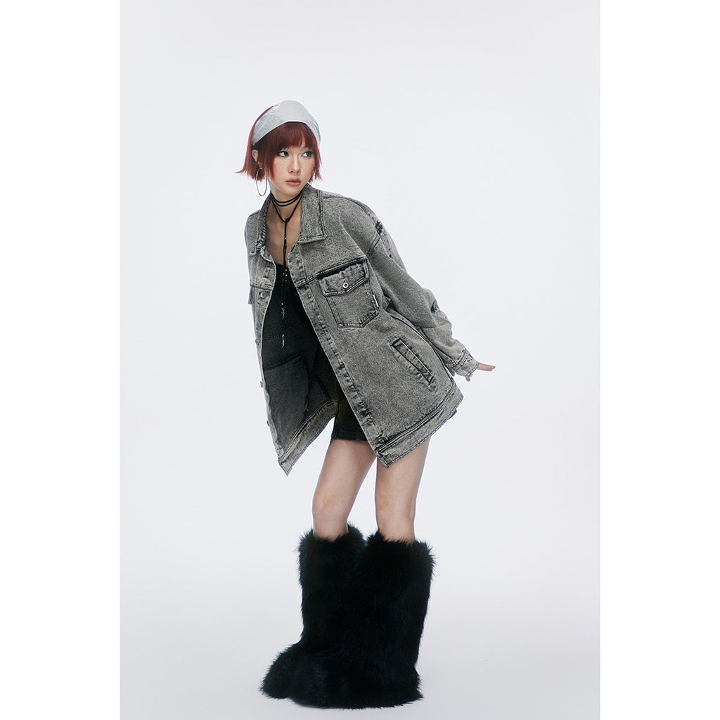 Unisex Jacket Retro Washed Denim Jacket Turn-down Collar Coat