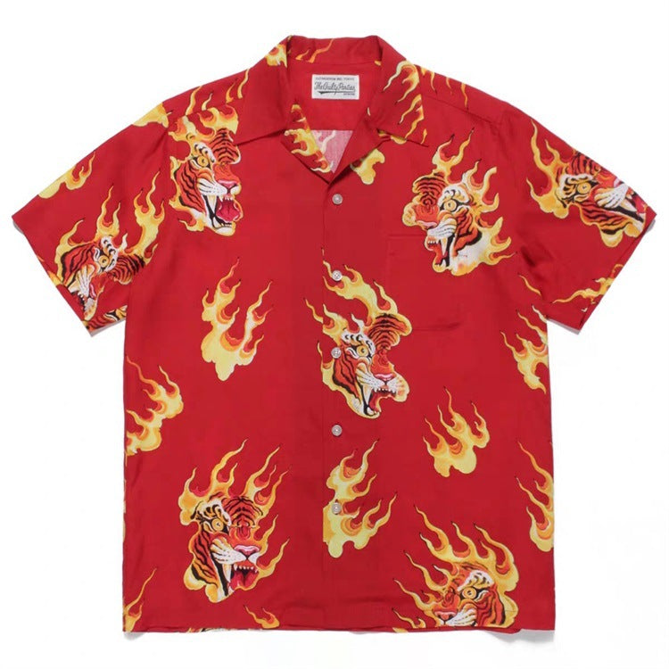 GUILTYPARTIES TIGER Shirts TIM LEHI / Flame Tiger Head Tiger Hawaiian short-sleeve shirt for men